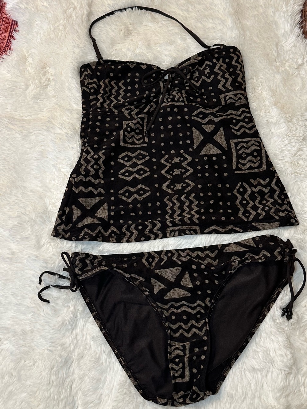 Ralph Lauren Tribal Print Tankini Swim Set Side Tie Brown Tan M Est